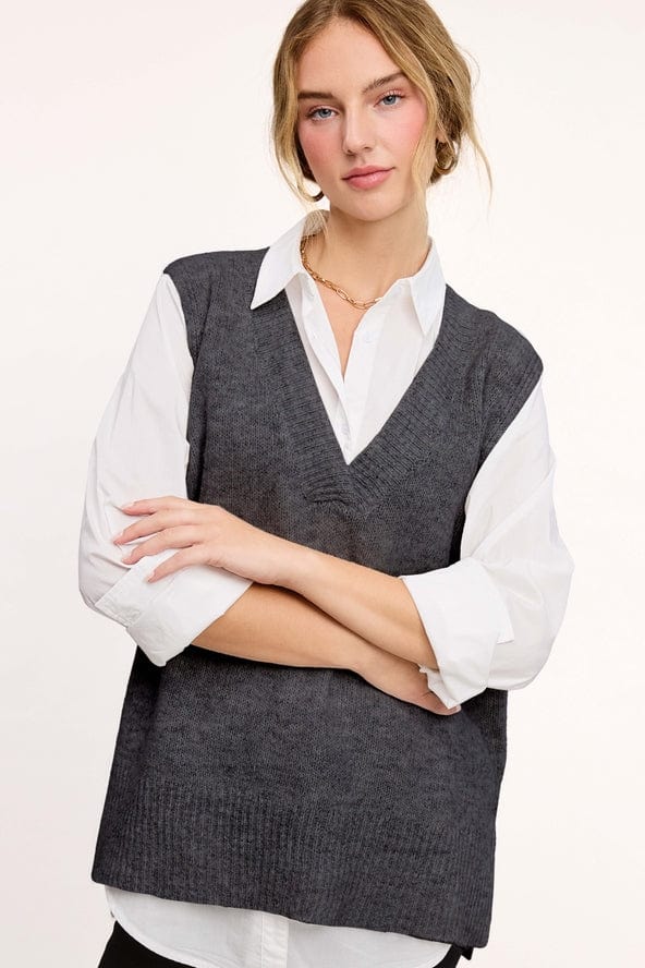 La Miel La Miel Oversized Knit Deep V-Neck Sweater Vest in Black Sesame - Little Miss Muffin Children & Home