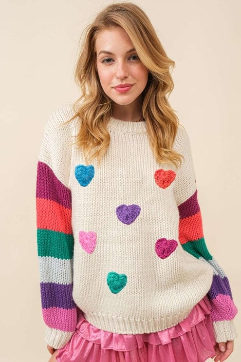 Main Strip Main Strip 3D Heart Crochet Multi Stripe Contrast Sweater - Little Miss Muffin Children & Home