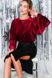 Vine & Love Long Balloon Sleeve Round Neck Velvet Blouse Top in Burgundy