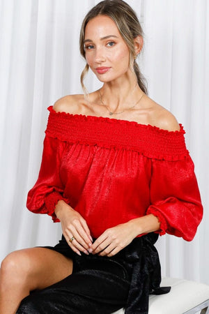 Vine & Love Smocked Off-the-Shoulder Metallic Blouse in Red