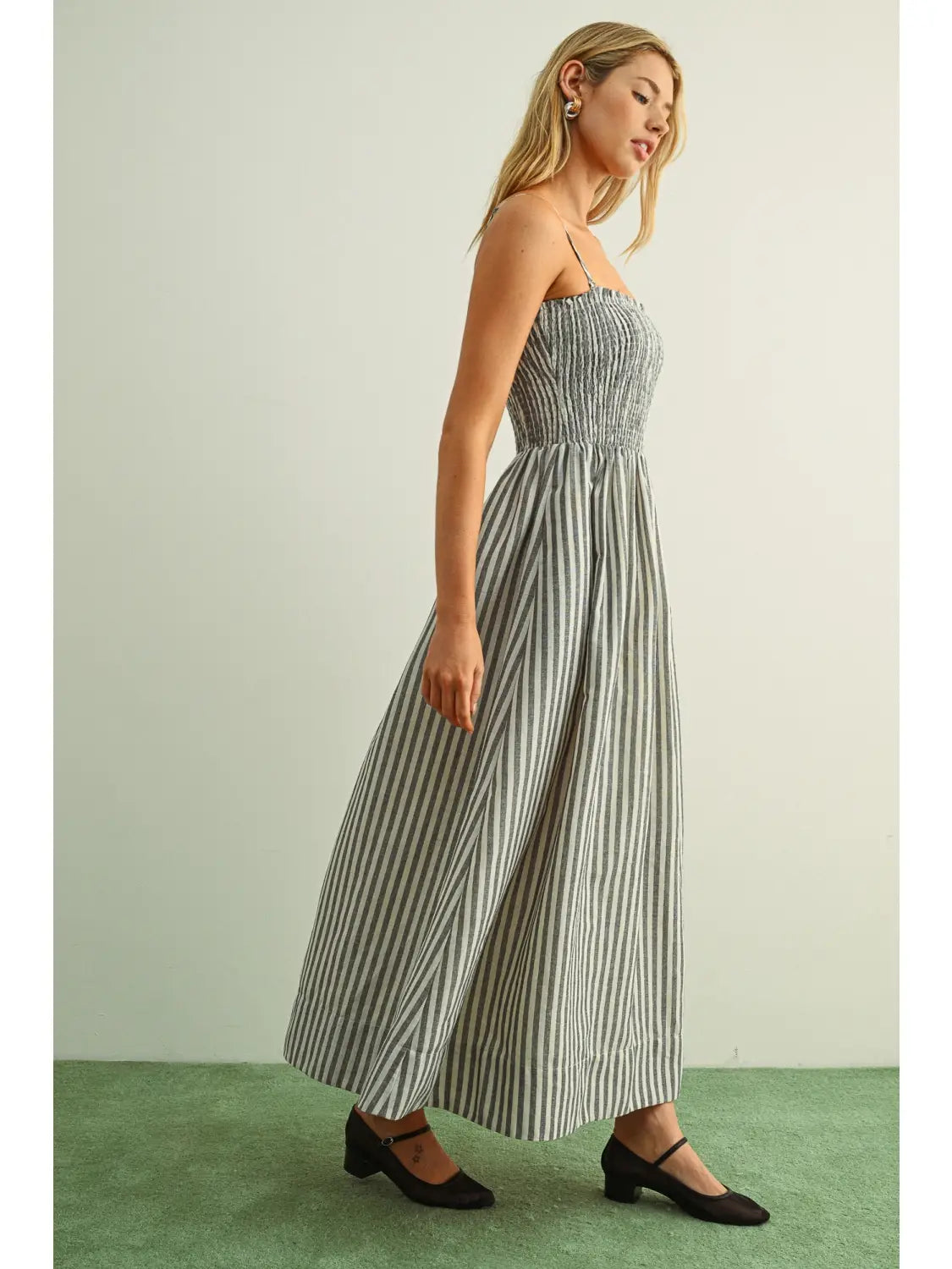 Striped Smocked Bodice Maxi Dress in Black