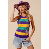 Ive Mardi Gras Stripe Tank Sweater with Clear Sequins