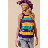 Ive Mardi Gras Stripe Tank Sweater with Clear Sequins