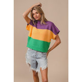 Ive Mardi Gras Color Block Drop Shoulder Short Sleeve Sweater