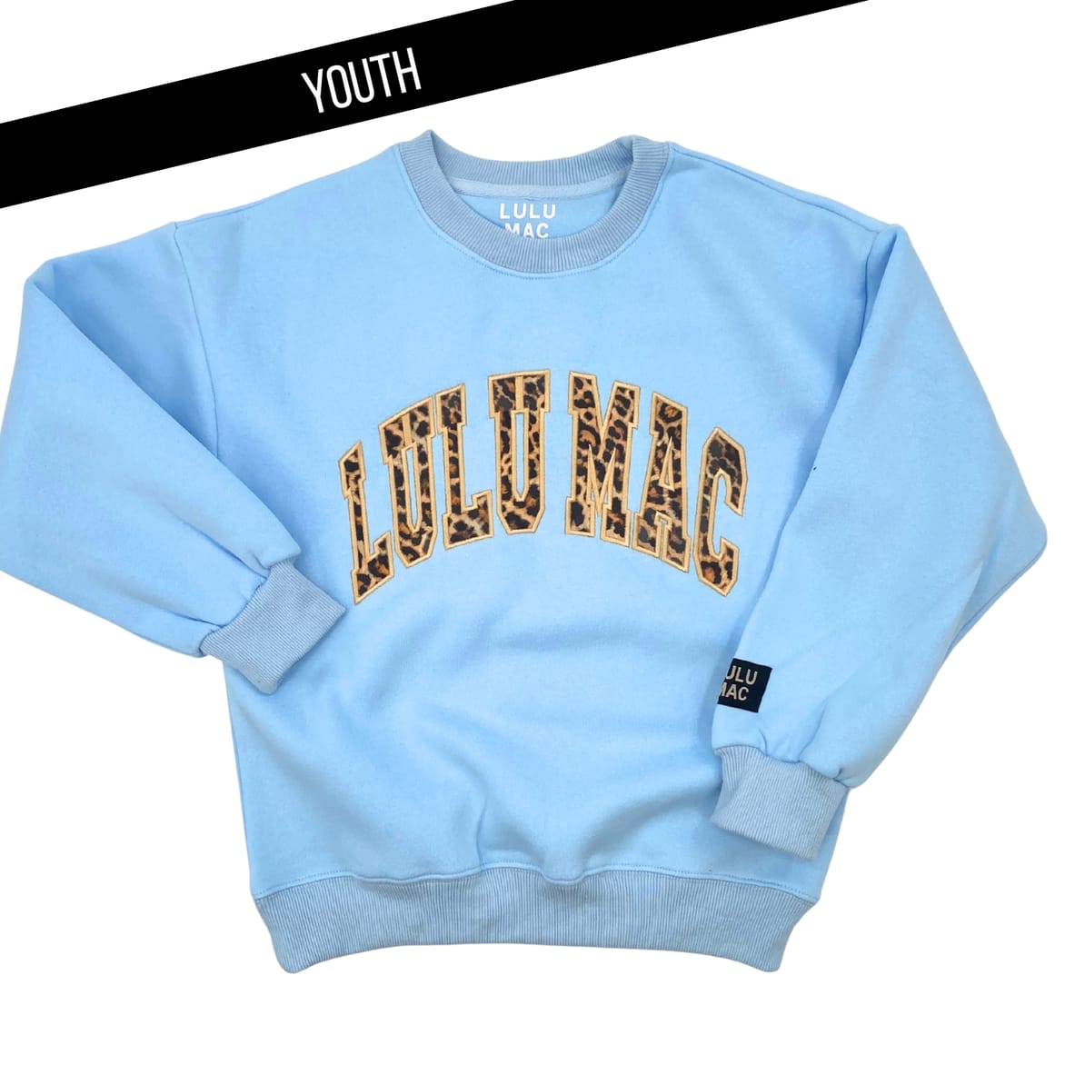 Kids' Lulu Mac Light Blue/Leopard Embroidered Logo Sweatshirt by Girlie Girl Originals