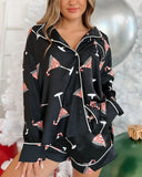 Rosa Clothing Soft Cartoon Pattern Print Satin Pajama Set in Black