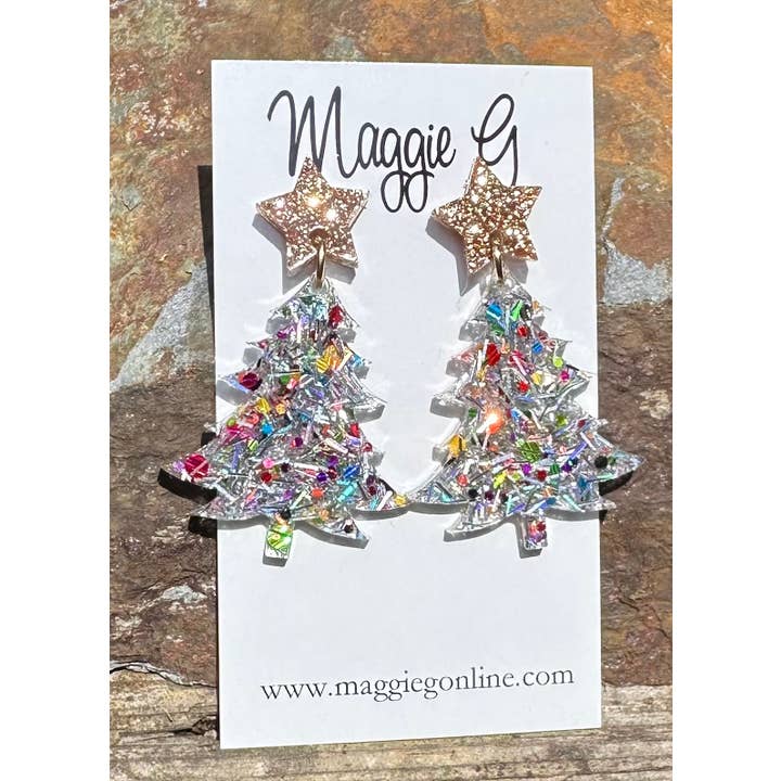 Christmas Tree Silver Tinsel Resin Earrings
