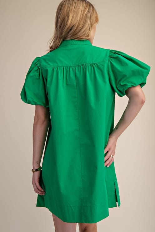 V-Neck Bubble Sleeve Mini Dress in Green