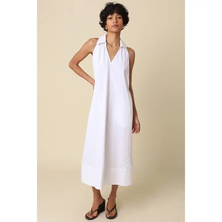 Clara Collared A-Line Maxi Dress in White