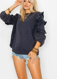 Cezele Ruffle Sleeve French Terry Sweatshirt in Navy