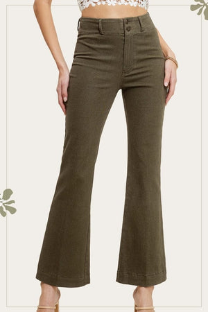 La Miel Soft Washed Stretchy High Waisted Wide Flare Two Button Pants in Fade Olive