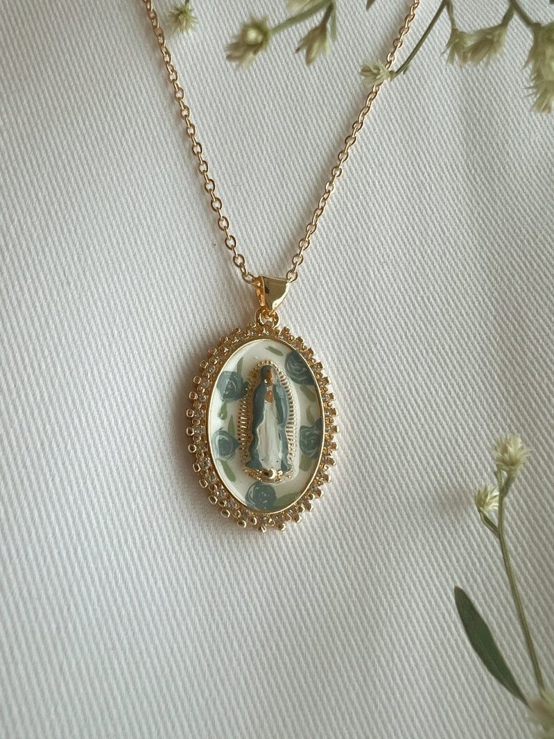 Mother Mary in Blue Roses Necklace
