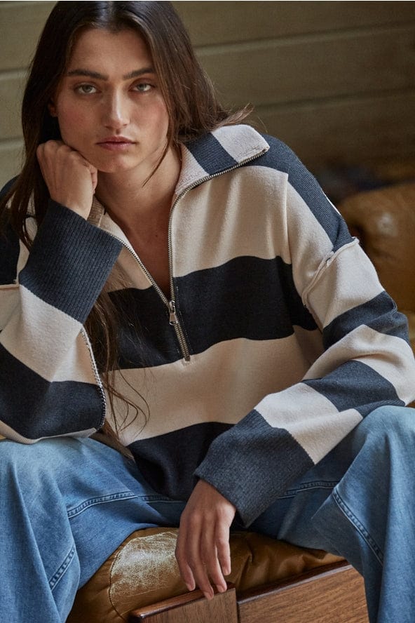 By Together Knit Striped Half Zip Oversized Turtleneck Top - Little Miss Muffin Children & Home