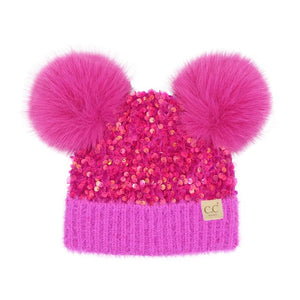 C.C Beanie Baby Cluster Sequin Faux Fur Double Pom in Hot Pink