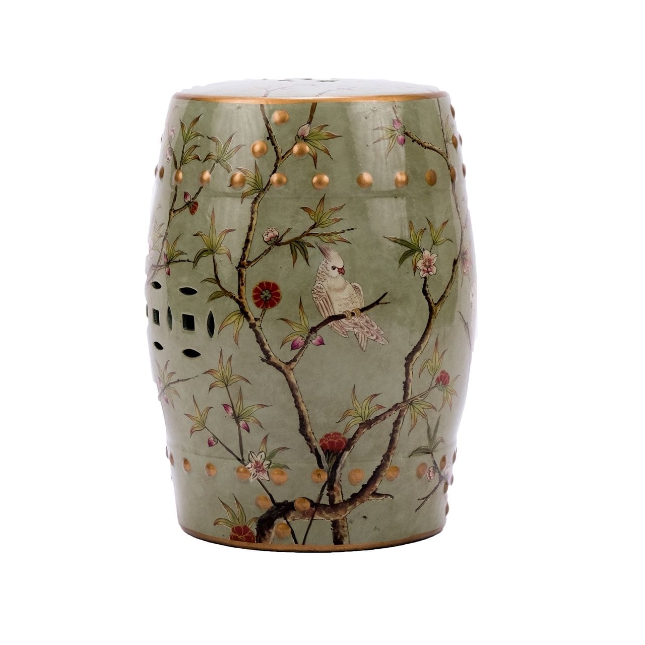 Green Gilt Garden Stool Parrot Floral Motif