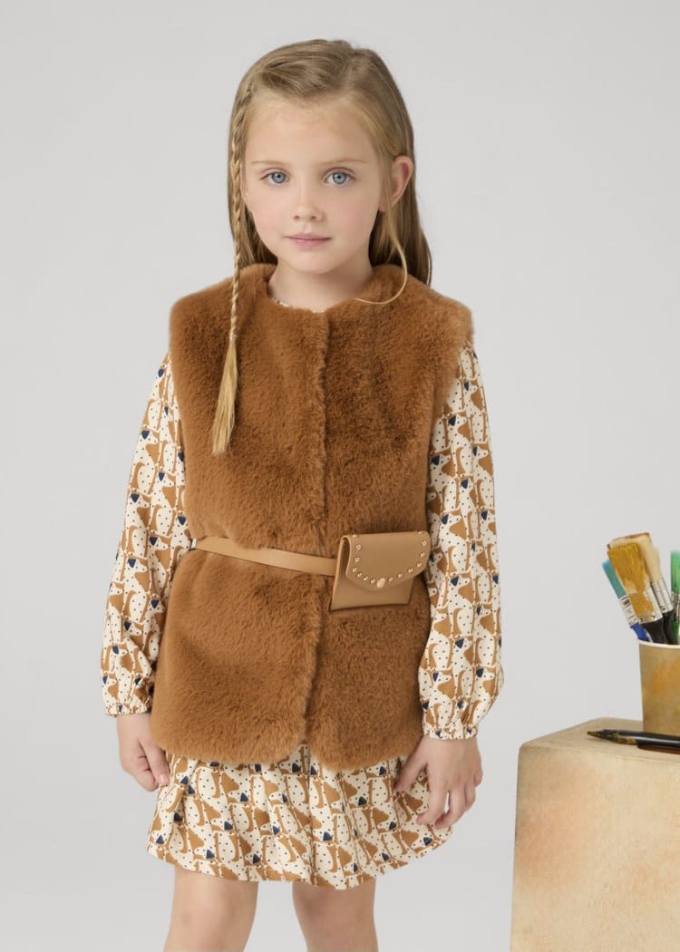 Mayoral Usa Inc Mayoral Faux-Fur Vest with Belt in Caramel for Girls - Little Miss Muffin Children & Home