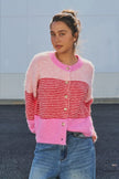 Striped Fuzzy Knit Volume Sleeve Cardigan