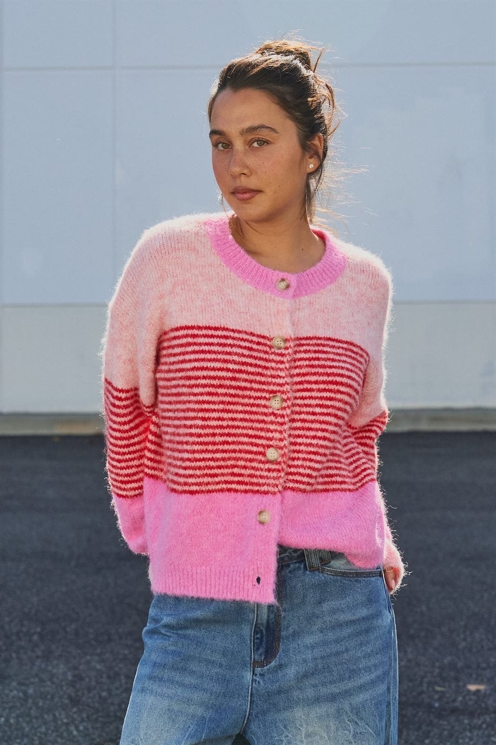 Striped Fuzzy Knit Volume Sleeve Cardigan