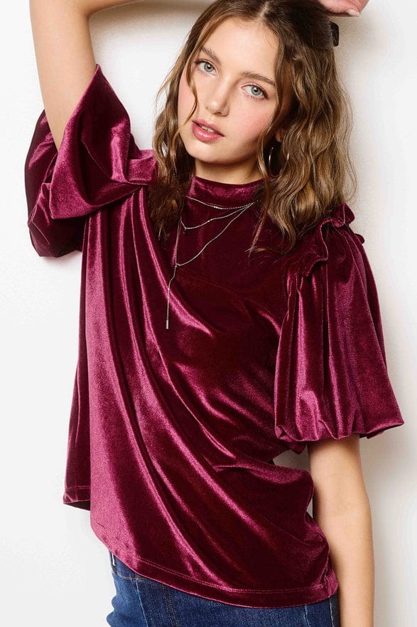 La Miel La Miel Short Sleeve Velvet Top in Garnet - Little Miss Muffin Children & Home