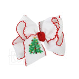 Beyond Creations Embroidered Christmas Tree  4.5" Large Crochet Edge Bow White with Red Crochet Edge