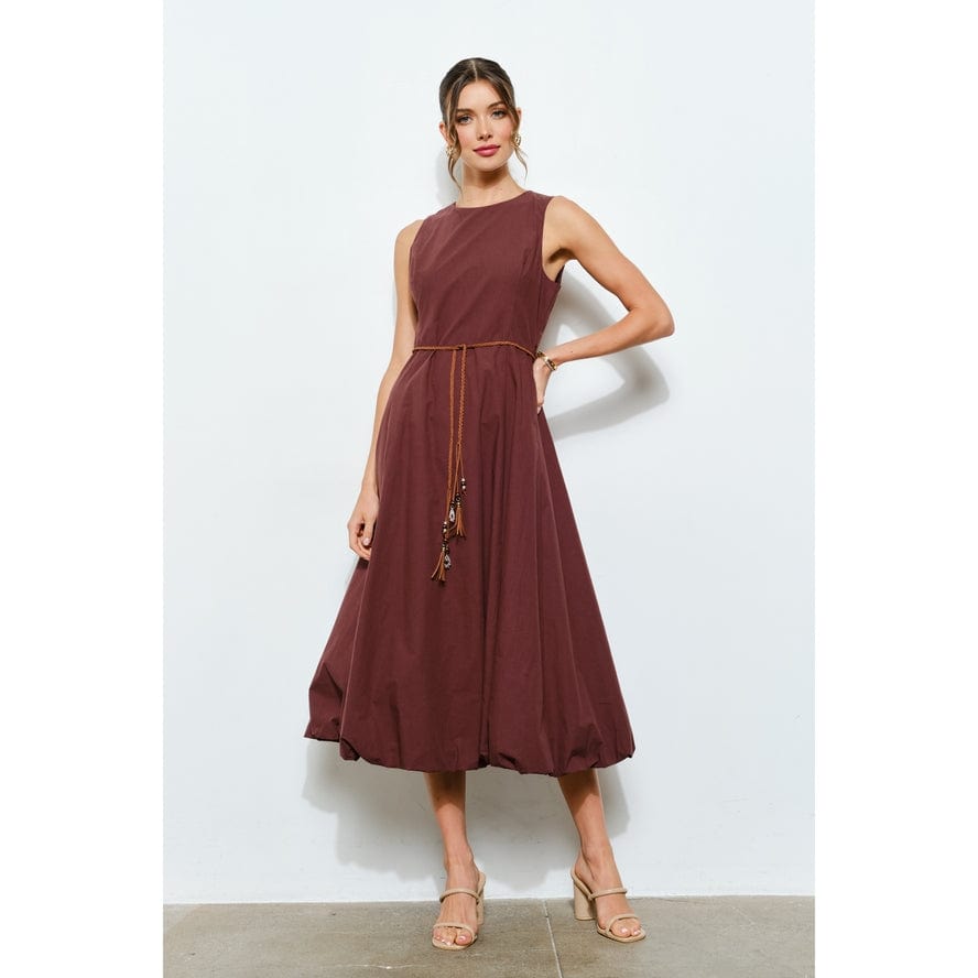 INA Balloon Hem Cotton Midi Dress with Braided Belt in Chocolate - Little Miss Muffin Children & Home