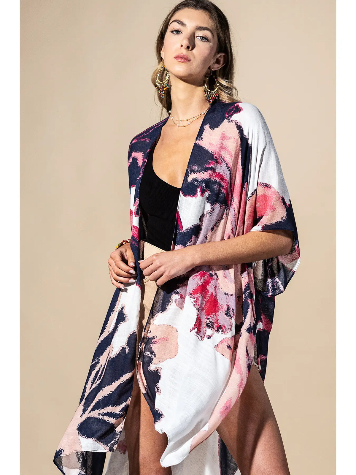 Coral Multi Painted Bloom Viscose Kimono