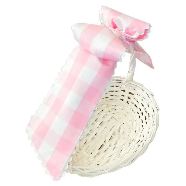 White Wicker Easter Basket with Pink Seersucker Liner and Bow