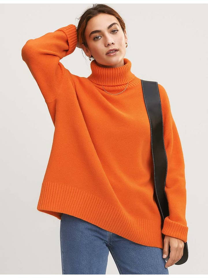 Orange Oversized Turtleneck Knit Sweater