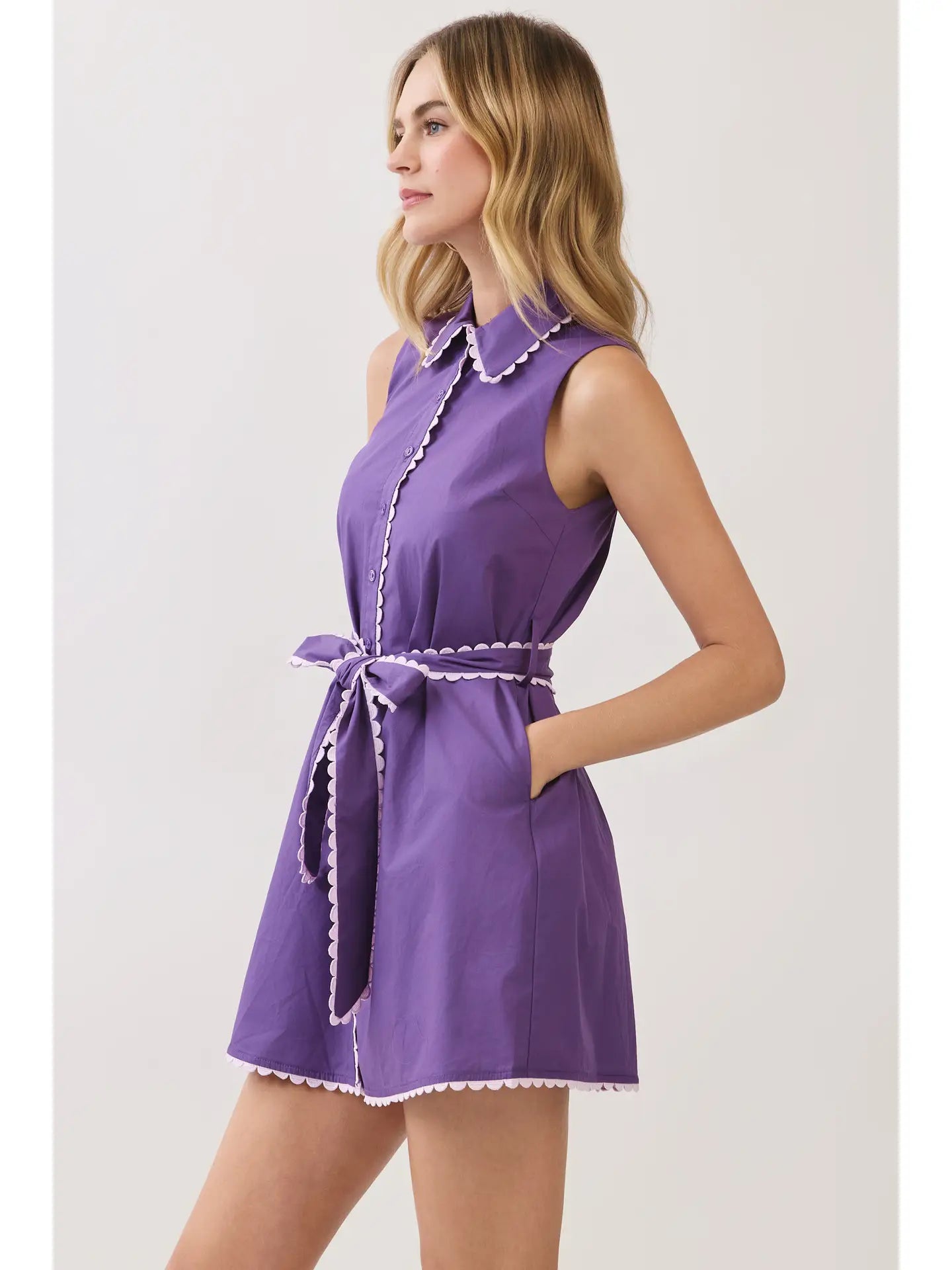 Scallop Trim Sleeveless Mini Shirt Dress with Sash Belt