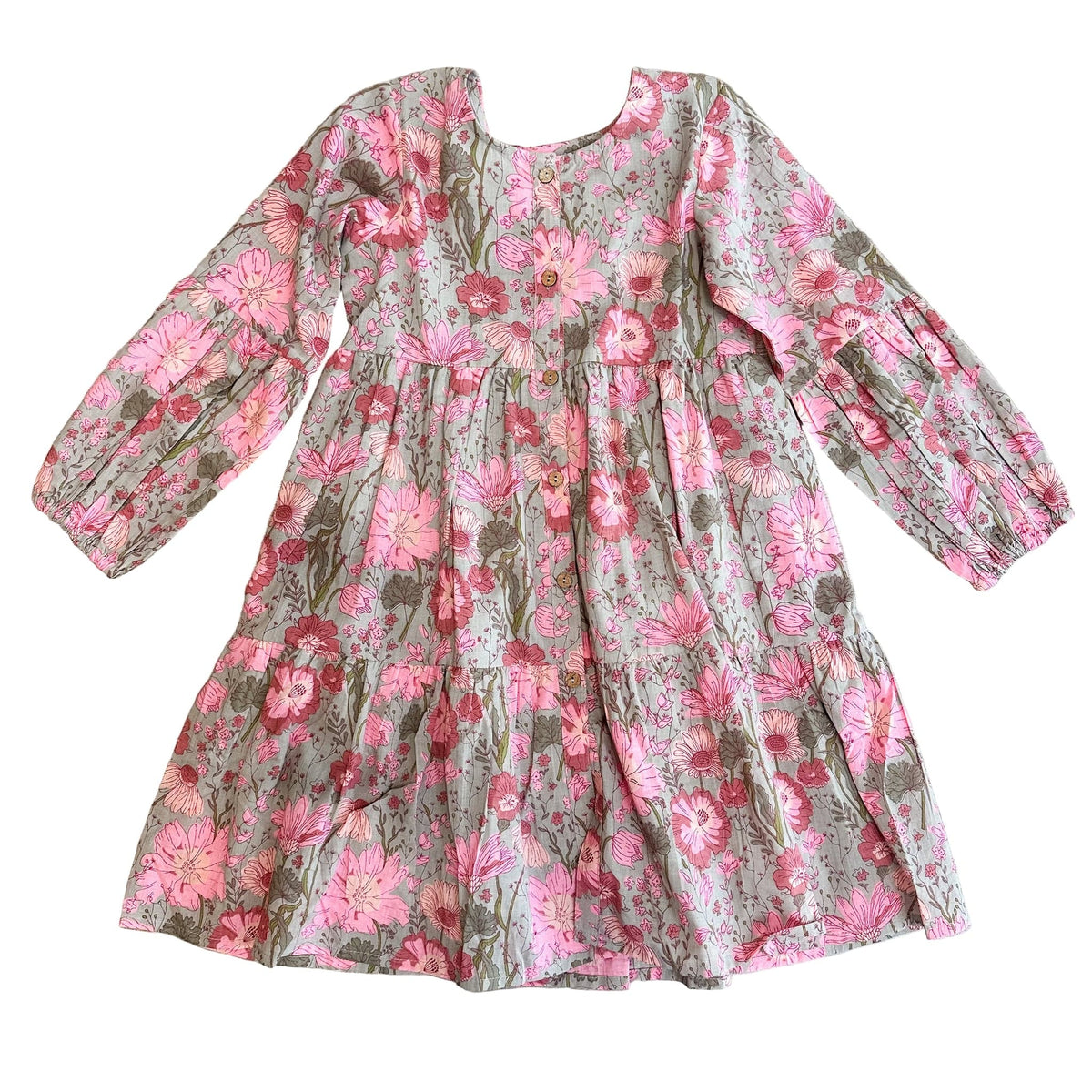 pink and grey floral button front dress