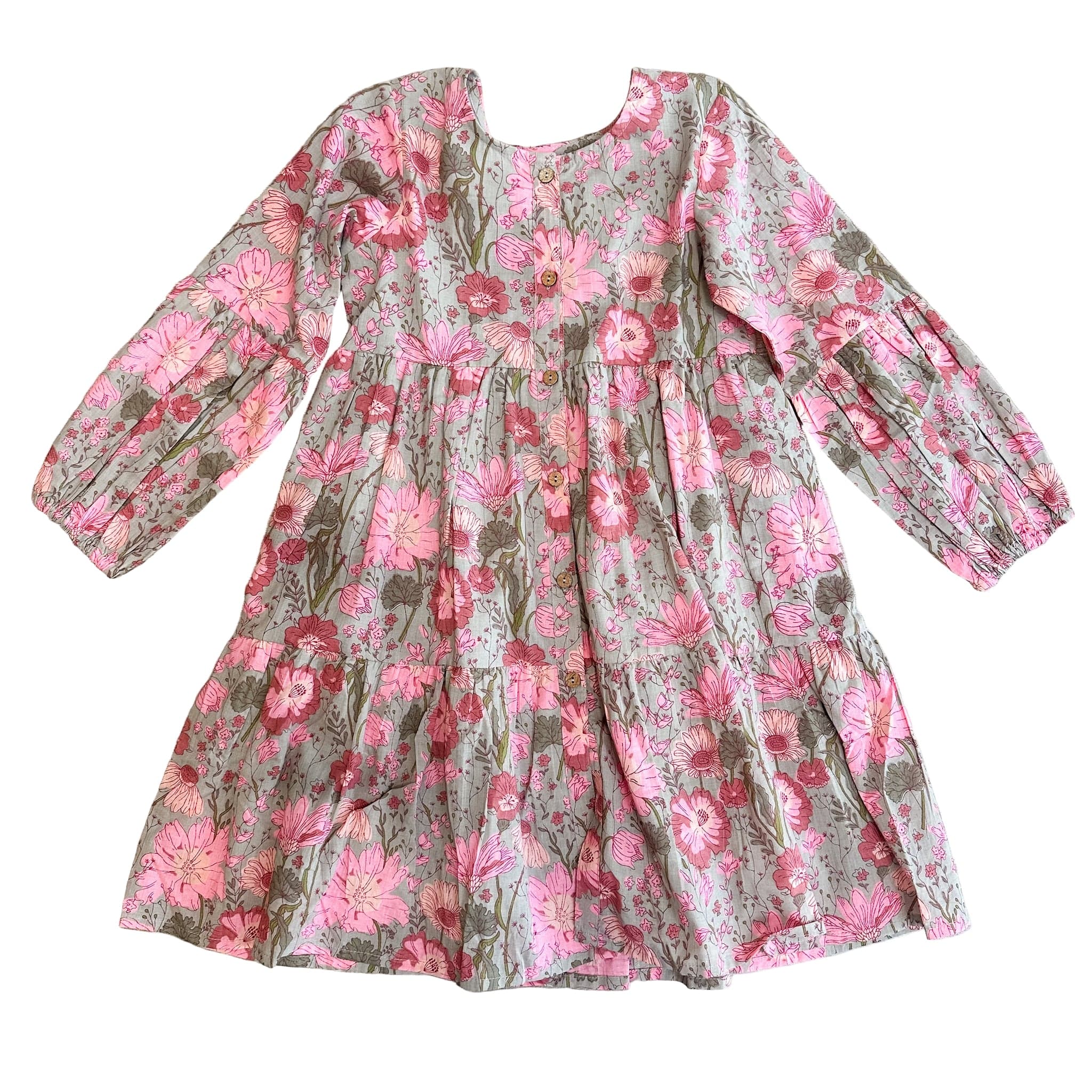 pink and grey floral button front dress