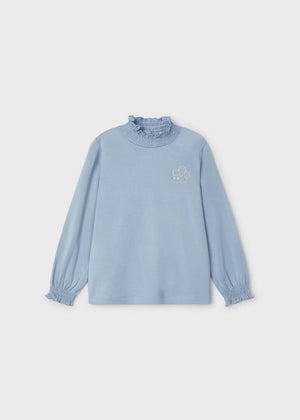 Mayoral Usa Inc Mayoral Long Sleeve Ruffle Trim Mock Neck T-shirt in Sky Blue - Little Miss Muffin Children & Home