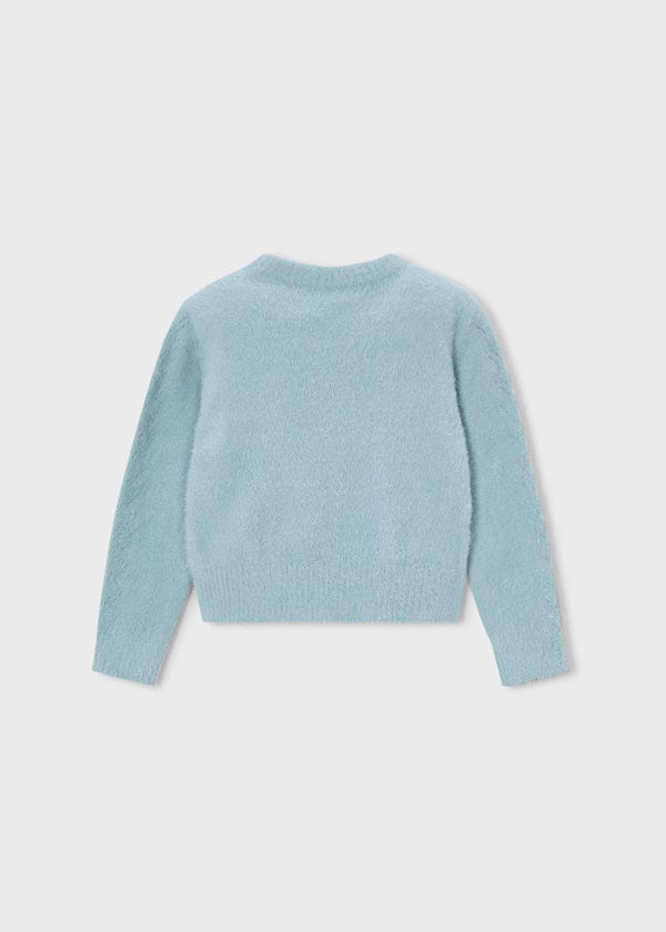 blue fuzzy knit sweater
