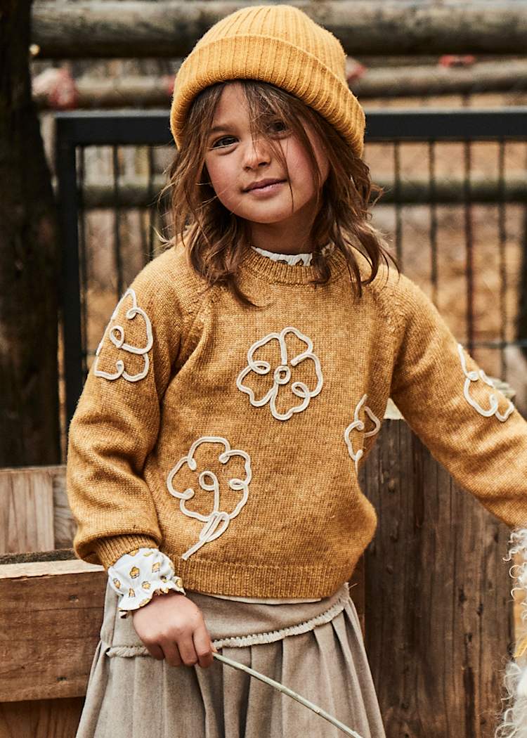 mustard sweater with flowers