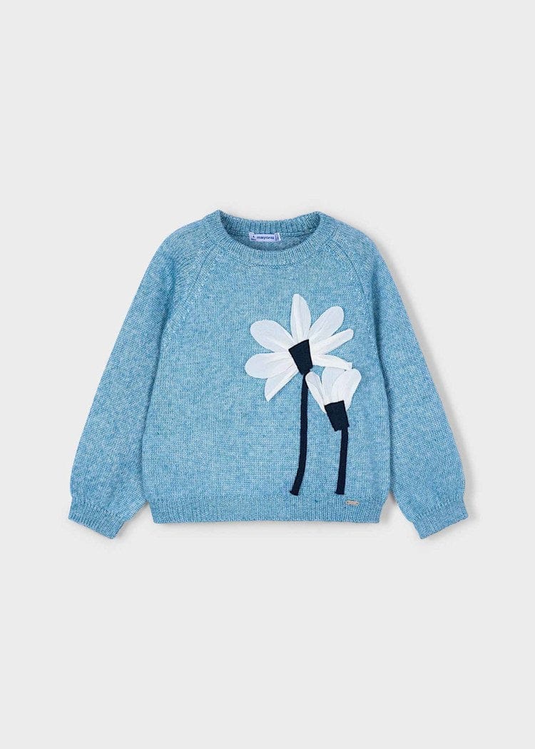 blue sweater with applique flower