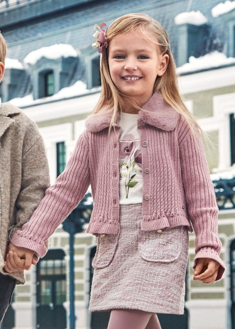 Mayoral Usa Inc Mayoral Knit Cardigan with Faux Fur Collar in Heather Rose - Little Miss Muffin Children & Home