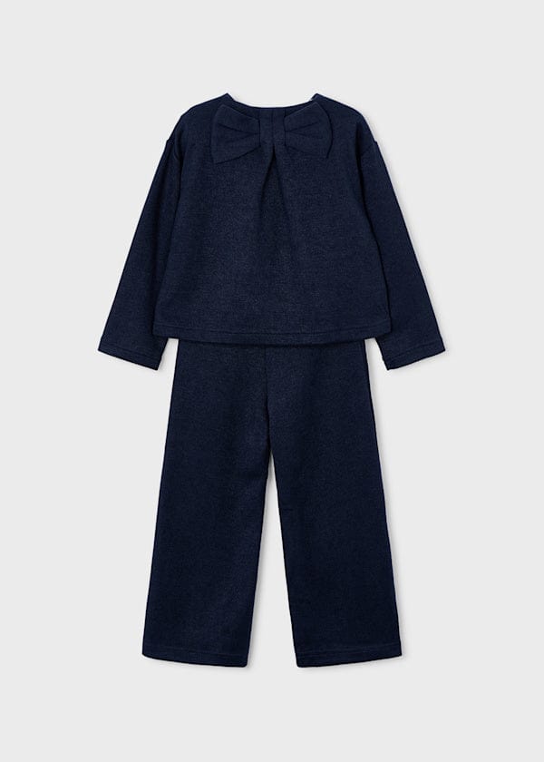 girls navy pants set with a bow