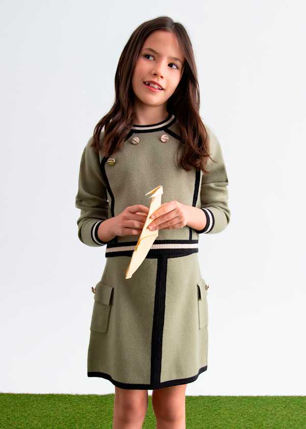 green girls two piece knit set with gold buttons
