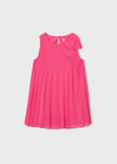 Accordion Pleat Sleeveless Dress with Bow in Carnation