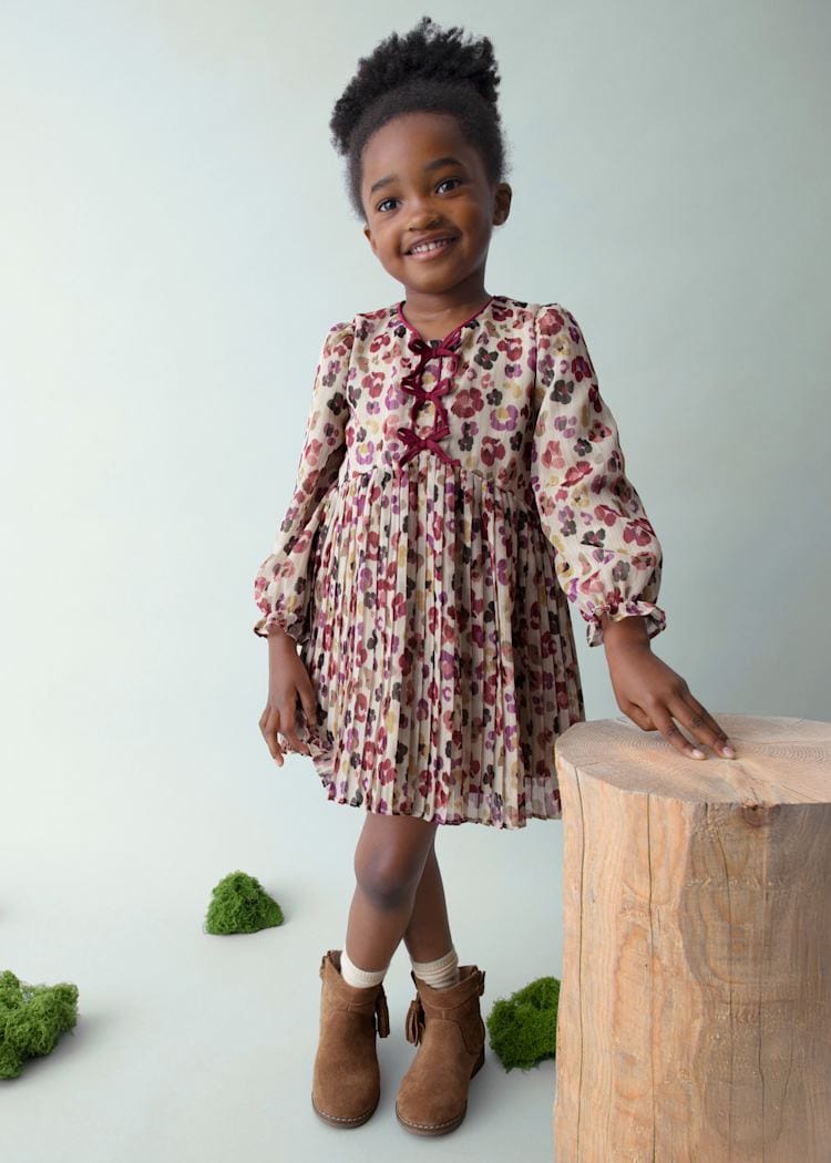 Pleated Printed Dress in Cherry