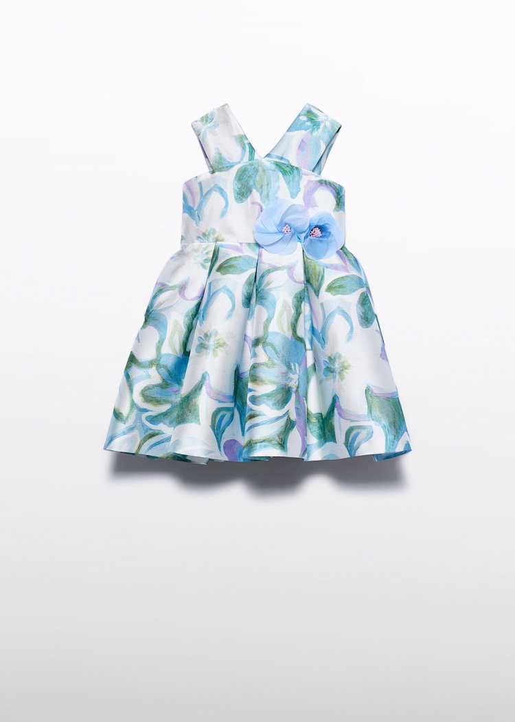 Floral Printed Mikado Dress with Flower Applique