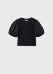 Puff Sleeve Ribbed T-Shirt in Black