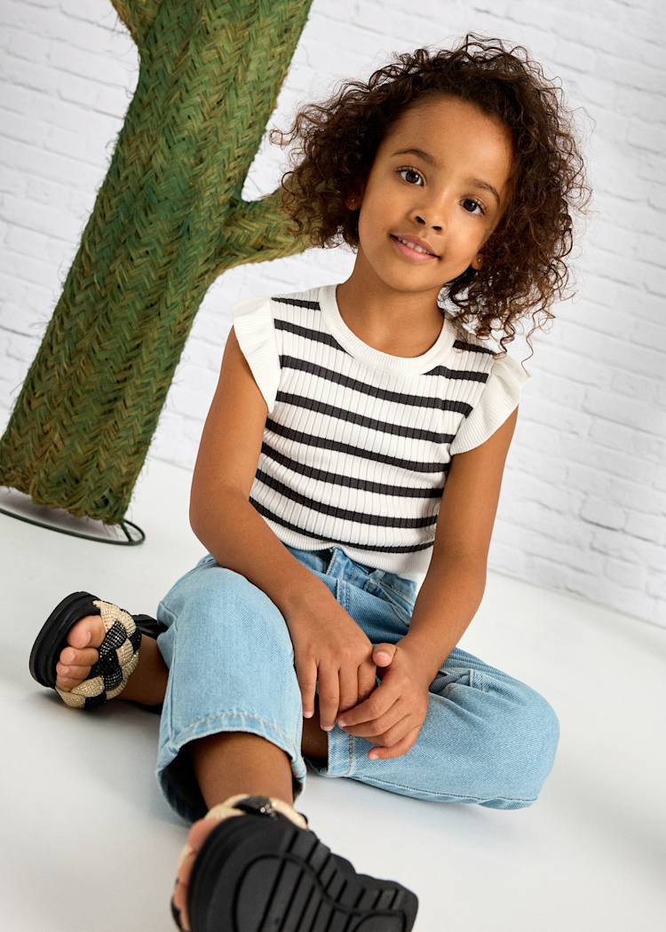 Mayoral Usa Inc Mayoral Flutter Sleeve Ribbed Top in White & Charcoal - Little Miss Muffin Children & Home
