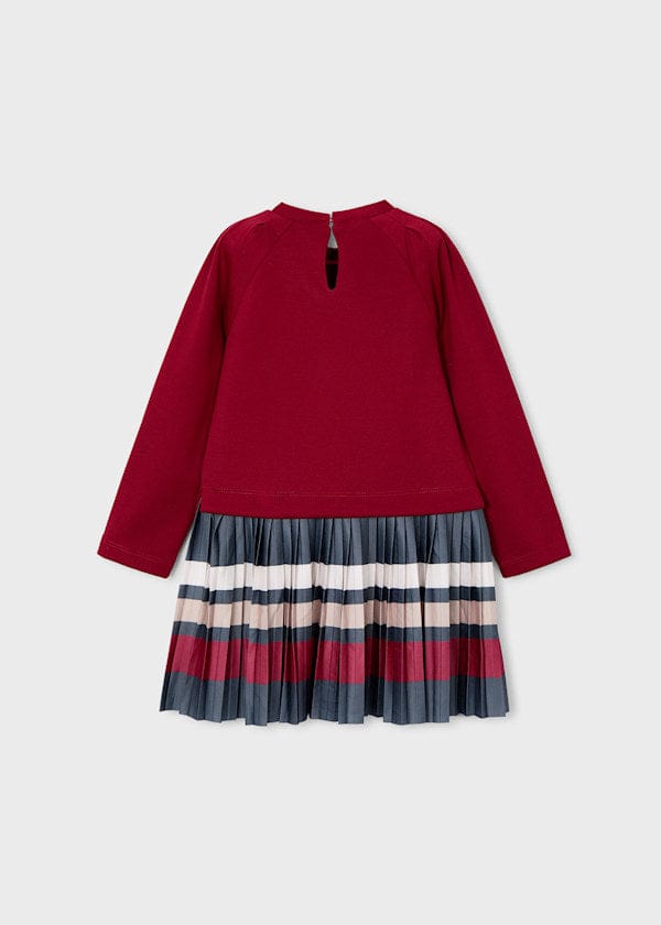 red dress with pleated skirt