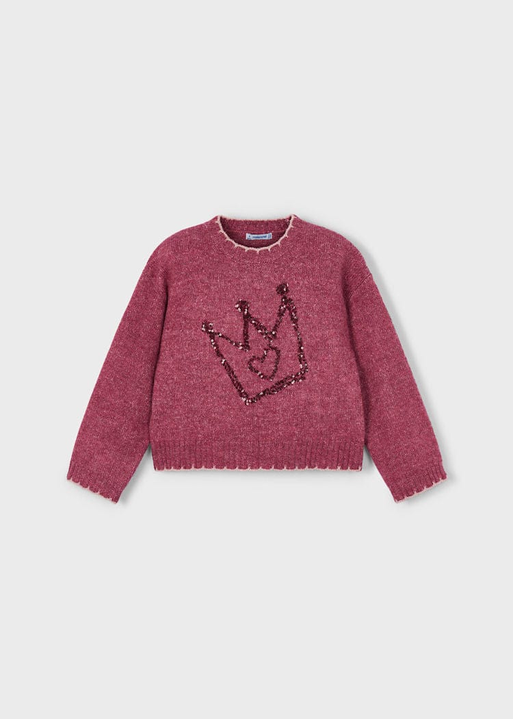 Mayoral Usa Inc Knit Sweater with Embroidered Sequin Crown Design in Cherry - Little Miss Muffin Children & Home