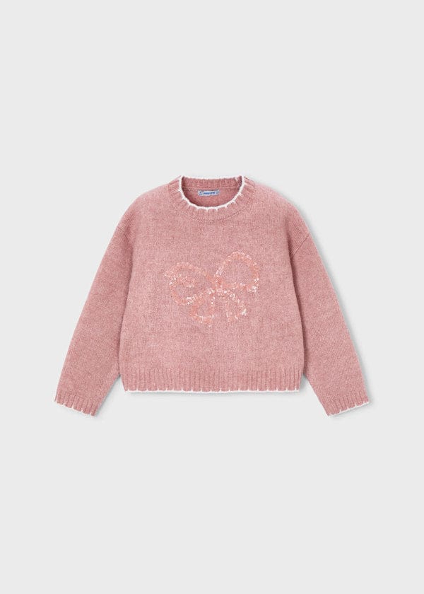 pink sweater with sequin bow