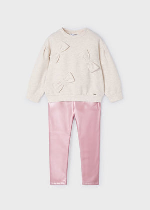 Mayoral Metallic Pink Leggings and Stone Bow Sweatshirt Set for Girls