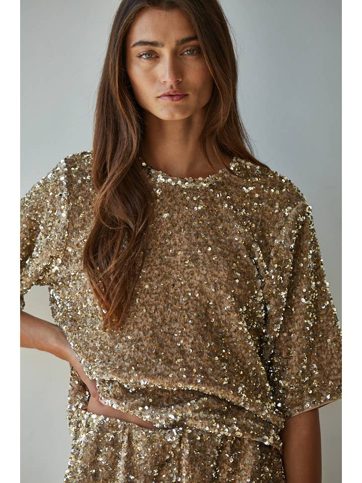 gold sequin boxy top for women