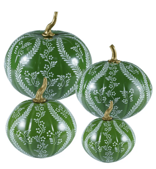 green decorative pumpkin with a white trellis design