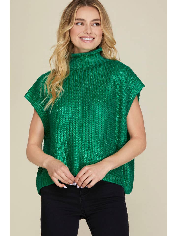 womens green metallic turtle neck sweater